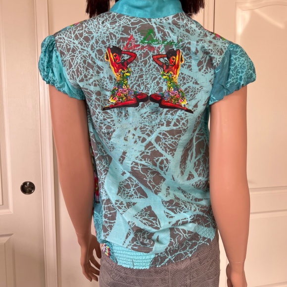 Desigual Turquoise Floral Blouse with Smoked Detail & Pockets Blue Size Small - Picture 4 of 6